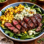 Grilled Balsamic Steak Salad with Gorgonzola and Corn in a white bowl
